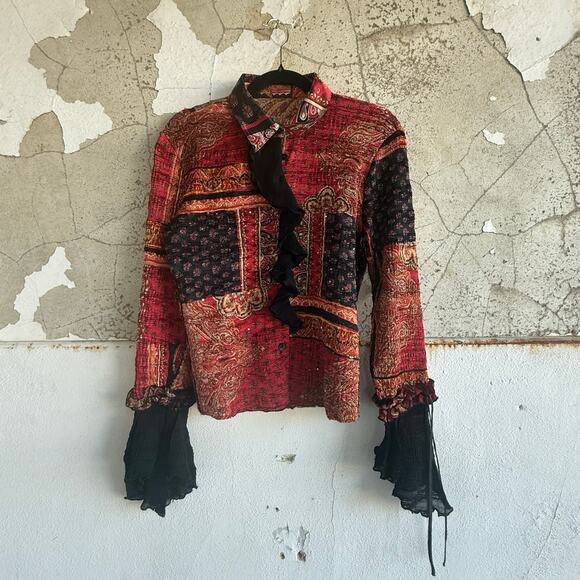 Other Tops - Vintage Ruffle Blouse Patchwork Crinkle Chiffon‎ Ornate Baroque Glam Maximalist